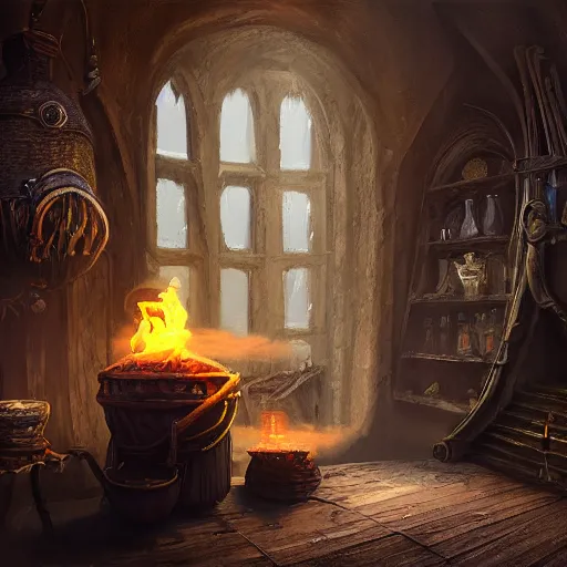 Prompt: interior witch's house with a cauldron smoking, one crow, fantasy art, in the style of greg rutkowski, illustration, epic, fantasy, cinematic, intricate, hyper detailed, artstation, concept art, smooth, sharp focus, ray tracing