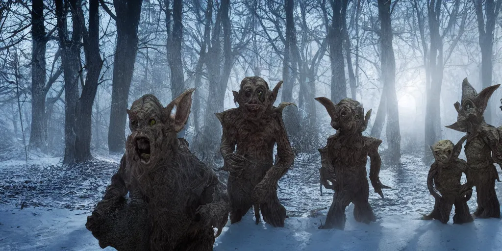 Prompt: photo of real life goblins, creepy!!!, scaly!!!, gritty!!!, menacing!!!, evil, ultra realistic, gritty, winter, golden hour, volumetric lighting, sharp focus