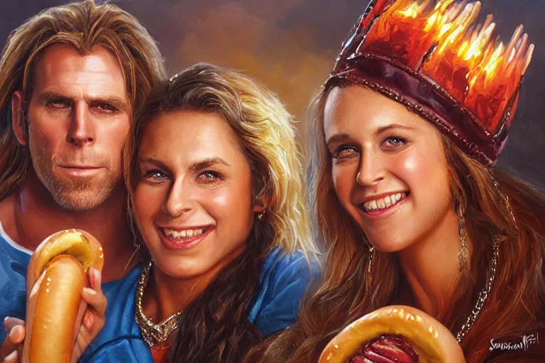 Image similar to portrait of wwf shawn michaels and queen elizabth sharing hotdogs, an oil painting by ross tran and thomas kincade