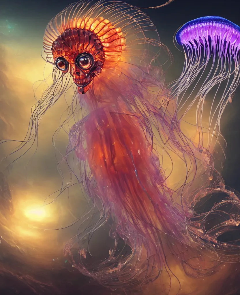 Image similar to close-up portrait of the face of a beautiful princess in a twisted flowers jellyfish mask in a spaceman suit surrounded by energy flow, epic angle and pose, symmetrical artwork, 3d with depth of field, blurred background, floating jellyfish skull phoenix bird, translucent, nautilus, energy flows of water and fire. a highly detailed epic cinematic concept art CG render. made in Maya, Blender and Photoshop, octane render, excellent composition, cinematic dystopian brutalist atmosphere, dynamic dramatic cinematic lighting, aesthetic, very inspirational, arthouse. y Greg Rutkowski, Ilya Kuvshinov, WLOP, Stanley Artgerm Lau, Ruan Jia and Fenghua Zhong