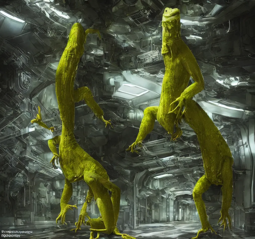 Image similar to Green and yellow biped Lizard reptilian in leather armor super muscular with a long tail. Walking down the halls of a spaceship with mechanical parts and pipes steaming. Studio lighting backlit, Colorful, hyperrealistic, cgsociety, octane render, 8k, realistic depth, spaceship hallway, dramatic pose, armed guards, futuristic, humanoid, sci-fi hallway, cinematic lightning, medium shot, mid-shot, highly detailed, trending on artstation, Unreal Engine 4k, cinematic