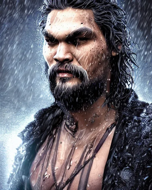 Image similar to An epic fantasy comic book style portrait painting of a very imposing Industrial goth Jason Momoa in the rain, wet hair, neon reflections, character design by Mark Ryden and Pixar and Hayao Miyazaki, unreal 5, DAZ, hyperrealistic, octane render, cosplay, RPG portrait, dynamic lighting, intricate detail, cinematic