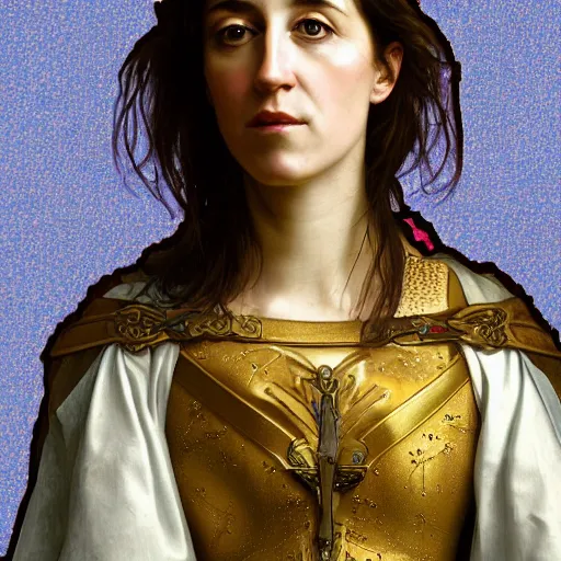 Image similar to portrait of charlotte gainsbourg as joan of arc, hyperreal digital painting, iconography influenced by alphonse mucha and eugene delacroix, arstation and deviantart trends, high resolution 8 k