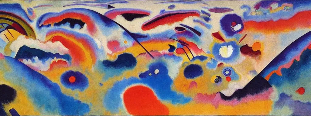 Image similar to Psychedelic sci-fi dreamworld. Landscape painting. Organic. Winding rushing water. Waves. Clouds. Wayne Thiebaud. Kandinsky.