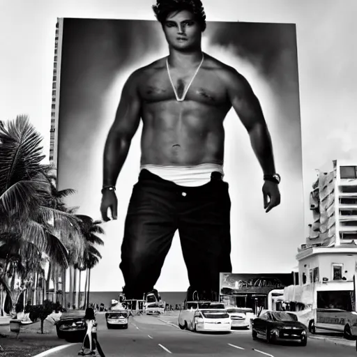 Prompt: Miami being invaded by gigantic fat Zac Efron, black and white picture, realistic, people screaming