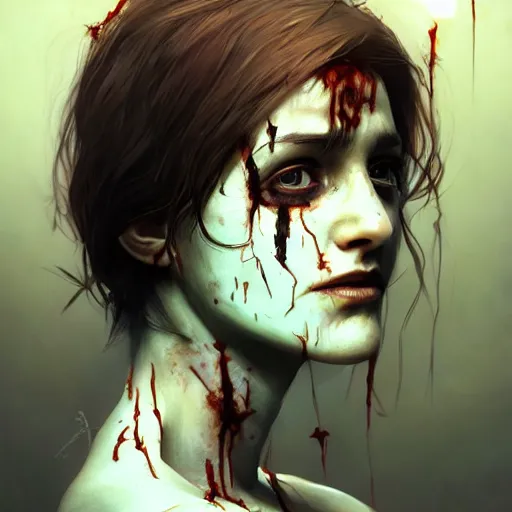 Prompt: portrait of young winona ryder as a zombie with cuts on face, 7 days to die zombie, fine art, award winning, intricate, elegant, sharp focus, cinematic lighting, highly detailed, digital painting, 8 k concept art, art by guweiz and z. w. gu, masterpiece, trending on artstation, 8 k