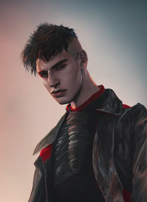 Image similar to An epic fantasy comic book style portrait painting of a young man with black cowlick haircut, wearing black overcoat, red clothes, blue jeans. Unreal 5, DAZ, hyperrealistic, octane render, cosplay, RPG portrait, dynamic lighting