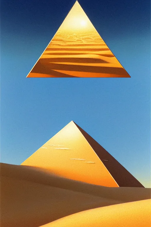 Prompt: classic oil painting, a giant floating reflective chrome metal pyramid, as a dnd character, hovering over the vast sand dunes, cottagecore, highly detailed, digital illustration, concept art, smooth, sharp focus, art by tim hildebrandt, and greg hildebrandt