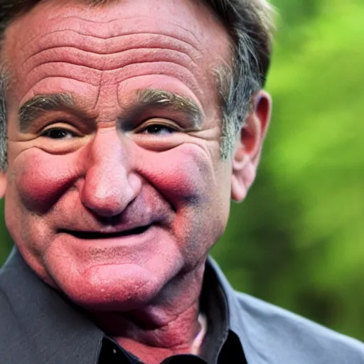 Image similar to robin williams makes the devil laugh, sinister lair, creepy hellscape, the devil os played by bill murray, saturated red skin, horns, photo