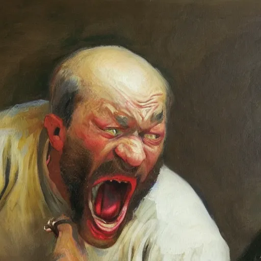 Image similar to an angry man yells at his computer monitor, oil on canvas, 1 8 8 3, highly detailed