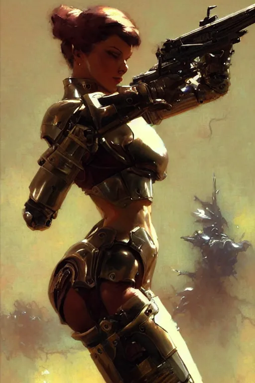 Image similar to futuristic women with medieval armor dynamic poses, holding a gun, detail, beautifull face, no blur, painting by gaston bussiere, craig mullins, greg rutkowski, yoji shinkawa, sorayama