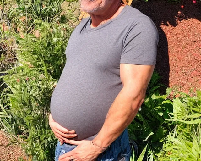 Image similar to mr robert smoke weed and meditate in the garden, he has dark grey hairs, detailed glad face, muscular chest, pregnant belly, golden hour closeup photo, red elegant shirt, eyes wide open, ymmm and that smell