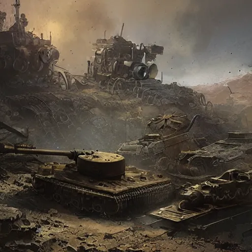 Prompt: steampunk tank in an apocalyptic landscape Craig Mullins