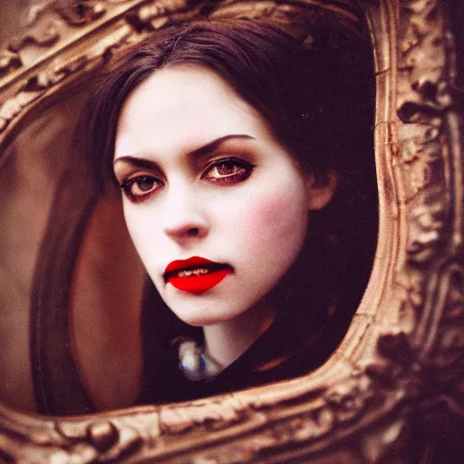 Image similar to A beautiful portrait of a lady vampire, victorian, photography, 35mm, depth of field, bokeh, soft light, cinematic, steve mccurry