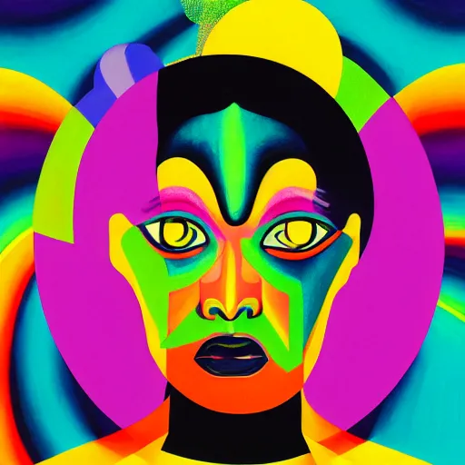 Image similar to closeup portrait of a black woman with yellow eyes and a rainbow background, gouache painting by tomokazu matsuyama, by ed paschke, by agnes pelton, by patrick nagel, behance contest winner, generative art, irridescent, holography, neon, dark art, retrowave, grain, androgynous, black background