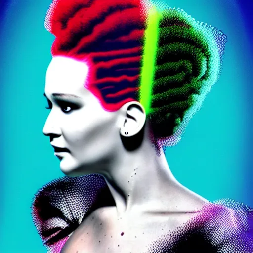 Prompt: a realistic detailed studio portrait photo of jennifer lawrence as the the bride of frankenstein with stripes in her hair, medical stitches vaporwave