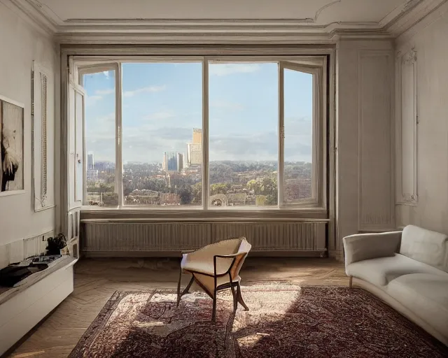 Image similar to a beautiful minimalist apartment with and antique furniture with a view of the city, interior design, architecture, key lighting, soft lights, by steve hanks, by edgar maxence, by caravaggio, by michael whelan, by delacroix, by serov valentin, by tarkovsky, 8 k render, detailed, oil on canvas