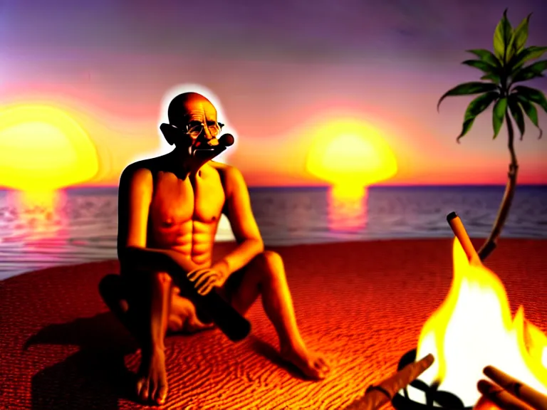 Image similar to gandhi sitting on a beach next to a campfire, holding a cigar, sunset, parrots, coconuts, palm trees, glorious lighting, epic environment, highly detailed, digital art, hyper realistic, beautiful, 8 k, trending on deviantart