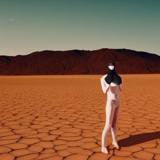 Image similar to full body shot of a pale woman in a desert lanscape, wearing a full face occult mask, dry desert background, award winning photography, 8k, in the style of Darren Arnofsky, David Lynch and Alejandro Jodorowsky,