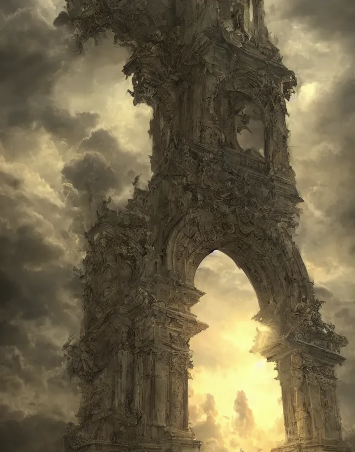 Image similar to Gates of heaven in the clouds by paul chadeison, concept art, ultra realistic, super detailed, photorealistic, cinematographic, epic lighting, religious