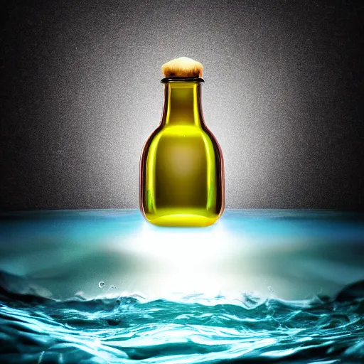 Prompt: surreal 3 d art of a human head stuffed in a bottle, on the ocean water, futuristic, glowing, hyper realistic, ray tracing, realistic water splashes, sharp focus, long shot, 8 k resolution, cinematic, photoshop art