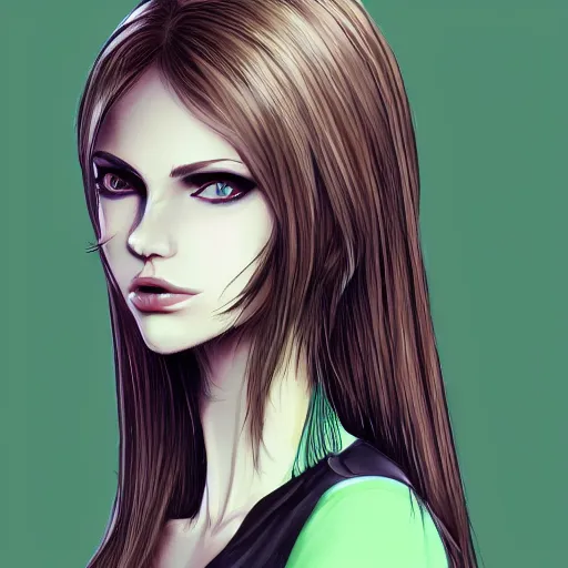 Image similar to long shot of blonde girl in black top clothing with green eyes, digital art, trending on artstation