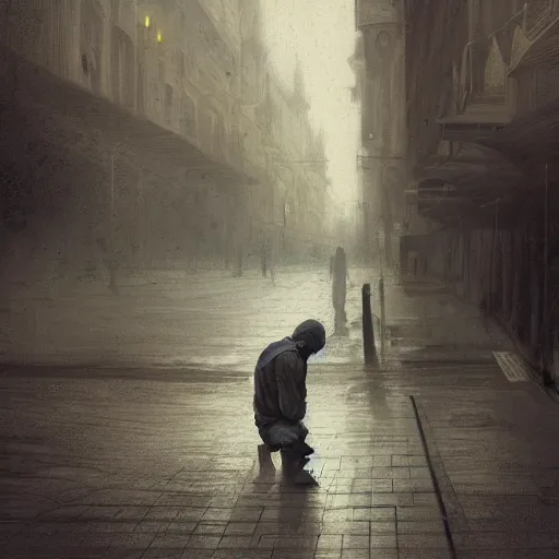 Prompt: an homeless man praying on the streets, dark, sad, digital painting, artstation, concept art, soft light, hdri, smooth, sharp focus, illustration, fantasy, intricate, elegant, highly detailed, D&D, matte painting, in the style of Greg Rutkowski and Alphonse Mucha and artemisia, 8k,