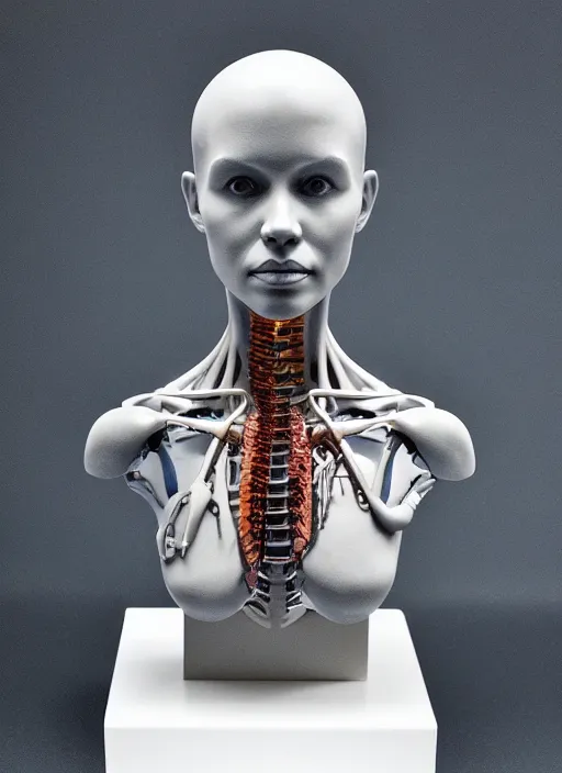 Prompt: a bust sculpture of anatomical detailed cyborg, meghan markle, blue blood, become human, ceramic base, orthographic, studio lighting