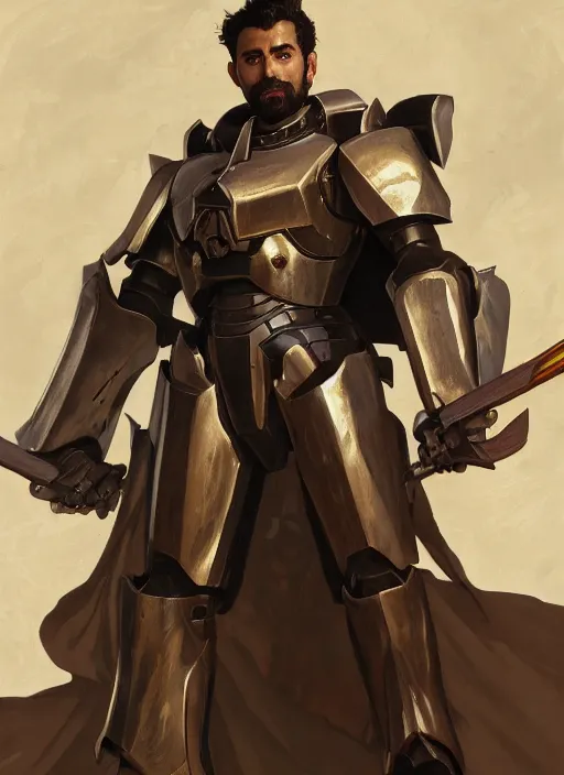 Image similar to medium-length portrait of a male paladin with short curly hair and a dark beard, dark brown skin, happy expression, wears a suit of power armor, gundam, medieval setting, highly detailed, digital painting, artstation, concept art, sharp focus, illustration, art by greg rutkowski and alphonse mucha