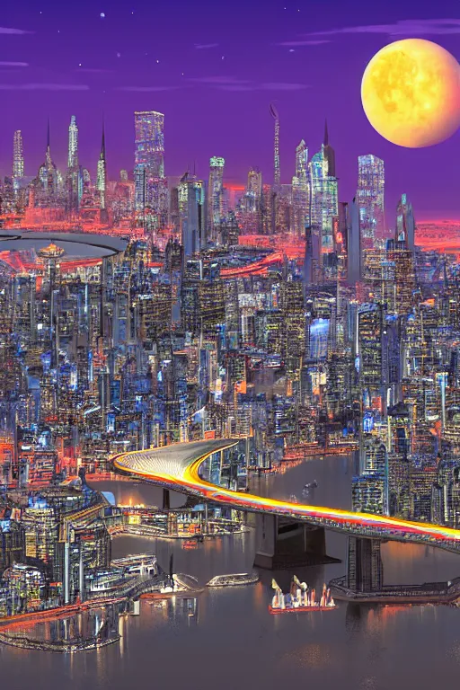 Prompt: A city of the future with thin bridges floating in the air and big unknown flying machines. The top is bright and colourful, with domes and glowing peaks of buildings; the bottom is dark and almost melting in the twilight, with glowing bright signs. Several colossal-sized moons with amazing rings are visible,