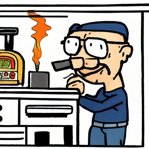 Prompt: drawing of walter white cooking pizza with a blowtorch by bill watterson