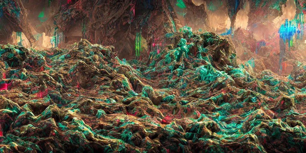 Image similar to ruination, outright devastation, landscape, intricate complexity, horror, rainbow drip paint, psychedelic glitch art, trending on art station, photoreal, 8k, octane render