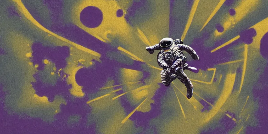 Prompt: insane _ detail _ textured _ art _ deco _ painting _ of _ astronaut _ running _ on _ surface _ of _ tiny _ planet _ full _ body _ flying _ from _ bottom _ left _ to _ top _ right _ muted _ greens _ and _ browns _ geometric _ gold _ and _ deep _ purple _ vaporwave