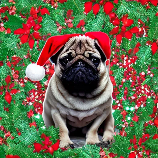 Image similar to christmas card, pug black infront of leg, high beauty vine, artstation, ample lighting, flower mosaic, dna, intense fantasy