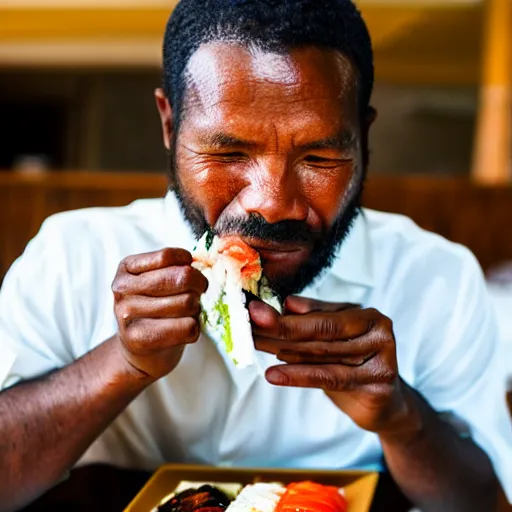 Image similar to photo, papua man in business suit eating sushi