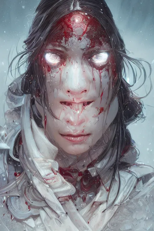 Image similar to ultra realistic illustration, snowy, asian bloodied face, hacknaut cyberpunk, sci - fi, fantasy, intricate, elegant, highly detailed, digital painting, artstation, concept art, smooth, sharp focus, illustration, art by artgerm and greg rutkowski and alphonse mucha