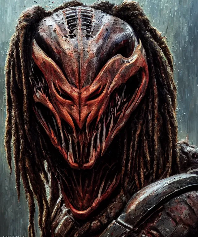 Image similar to a portrait of the predator by chris warner, oil on canvas, deep depth field, masterpiece, by ken barthelmey and stan winston, trending on artstation, featured on pixiv, cinematic composition, hyper - detailed, hd, hdr, 4 k, 8 k