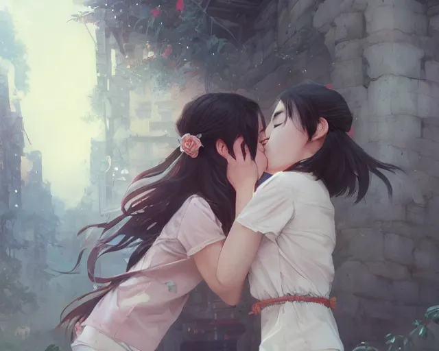 Image similar to two girls kissing and hugging, sharp details, sharp focus, elegant, highly detailed, illustration, by jordan grimmer and greg rutkowski and pine ( ハイネ ) and 薯 子 imoko and 香 川 悠 作 and wlop and maya takamura, intricate, beautiful, trending artstation, pixiv, digital art