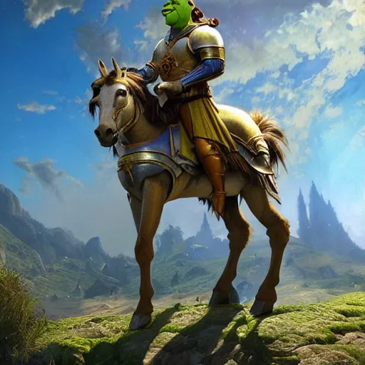 Image similar to shrek as a glorious devout shining powerful epic amazing awesome very handsome attractive muscular stylish knight in shining golden armor riding donkey, fantasy art, highly detailed, photorealistic, octane render, 8 k, unreal engine, art by artgerm and greg rutkowski and alphonse mucha