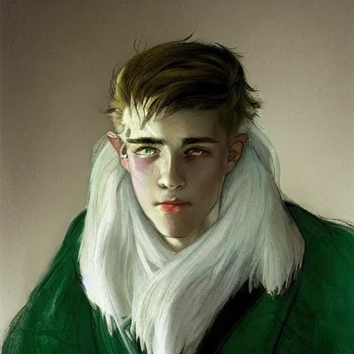 Image similar to a 14 year old teenage boy ghost with white hair and green eyes. The air is so cold that you can see his breath. He is shivering from the cold. Sakimichan Repin. By JC Leyendecker