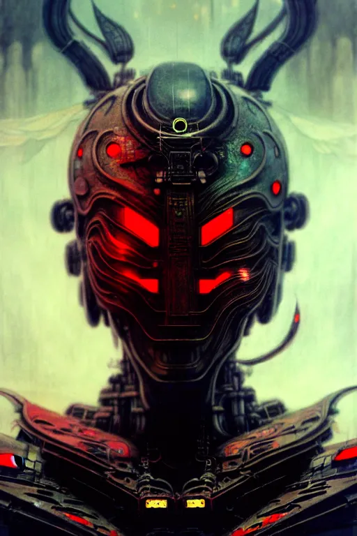 Image similar to akira from chinese mythology, hi - tech luciferian synthetic, gorgeous and huge head ornaments, dystopian, cyberpunk, mecha, cinematic dramatic light, ominous, intricate, studio, malekith concept art, zoomed out, beksinski, alphonse mucha, concept art, 4 k, sharp focus