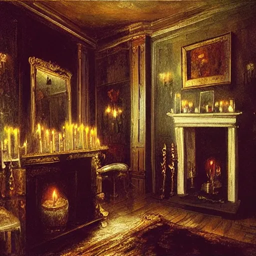 Image similar to grimshaw painting, vampire, candles, mansion, dim room, fireplace, gothic.