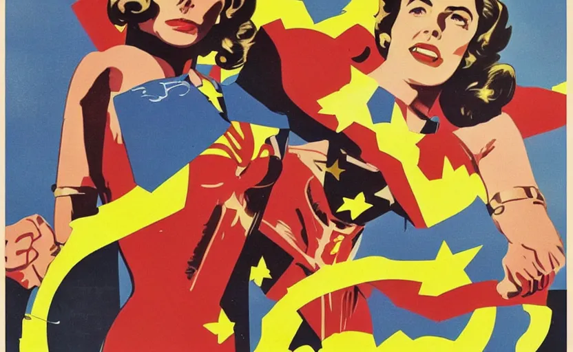 Prompt: ingrid bergman as wonder woman. poster for the 1 9 4 8 film'wonder woman versus the robots '. colourful photographic collage. action. beautiful. powerful.