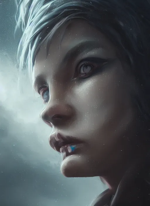 Image similar to a close up portrait of a creepy sea witch with dark turbulent skies, photorealistic, by jessica rossier, 4 k resolution