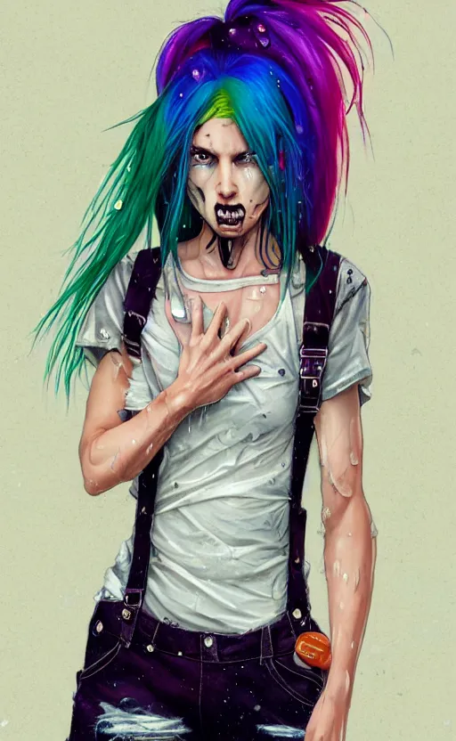 Prompt: a grungy woman with rainbow hair, drunk, angry, soft eyes and narrow chin, dainty figure, long hair straight down, torn overalls, short shorts, combat boots, basic white background, side boob, raining, wet tshirt, symmetrical, style of by Jordan Grimmer and greg rutkowski, crisp lines and color,