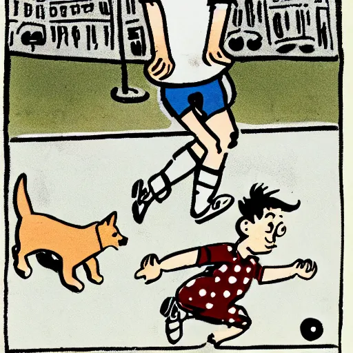 Image similar to illustration of french boy on the streets of paris playing football against a corgi, the dog is wearing a polka dot scarf, comic, 1 9 6 3