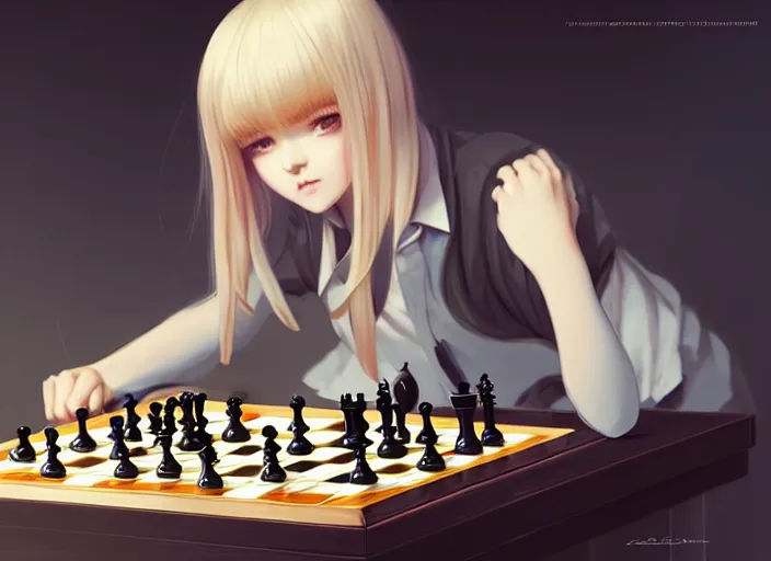 Image similar to a pale ilya kuvshinov playing chess, with gold eyes, straight hair, sky blue hair, long bangs, high collar, concept art, award winning photography, digital painting, cinematic, by wlop, anime key visual, wlop, 8 k, by ross tran, tom bagshaw, andy warhol