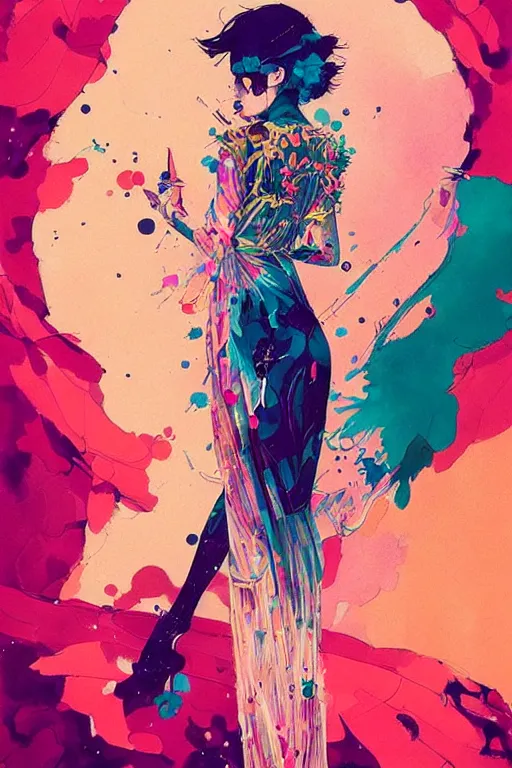 Image similar to an ultra detailed beautiful painting of a stylish woman with colorful haute couture dress, concert poster, futuristic, conrad roset, greg rutkowski