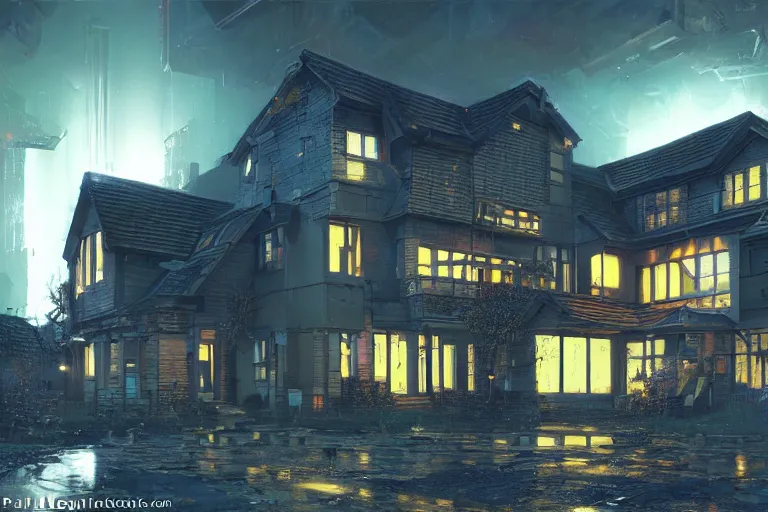 Prompt: cyberpunk, an estate agent listing photo, external view of a 5 bedroom detached house in the UK, it's night time, by Paul Lehr, highly detailed, photorealistic, unreal engine, 8k,