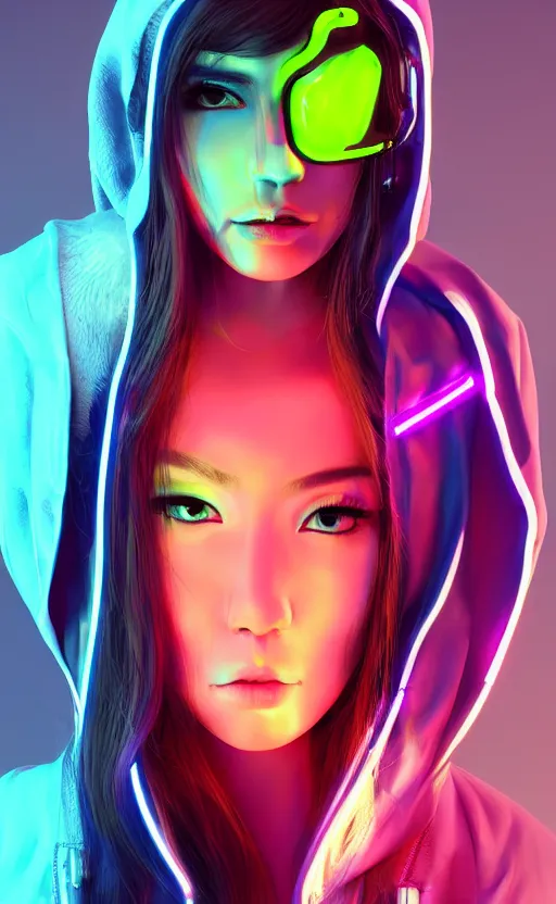 Prompt: a cyberpunk girl wearing neon hoodie, chrome, neon light, japan, perfect face, high detailed, realistic, preatty face, asian, long hair, cyberpunk, geisha, arcane style, 3 d mix with 2 d